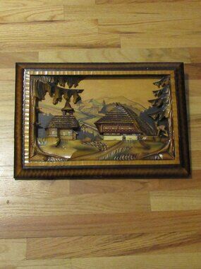 Vintage Signed BLACK FOREST HANDMADE Carved Wood Plaque 20x13 Church Cross House